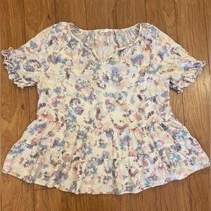 Beach Lunch Lounge Large Tiered Multicolor Blouse Top Short Sleeve Floral Color